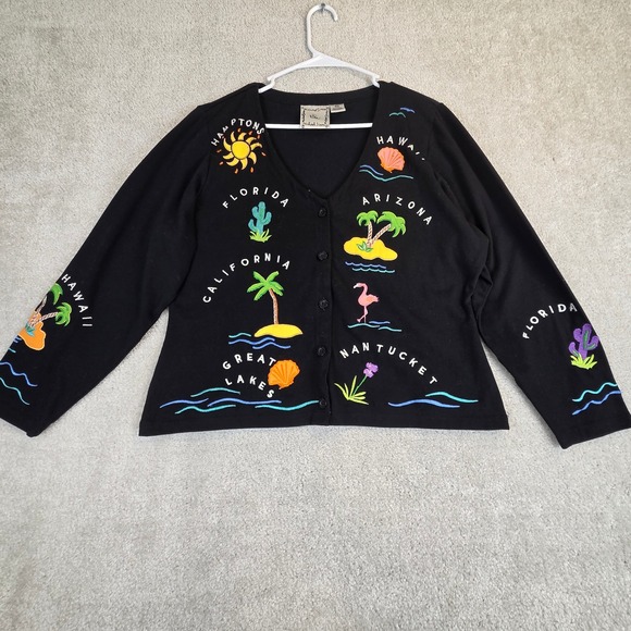 Michael Simon Sweaters - VTG Michael Simon Lite Womens Black Embroidered Vacation Cardigan P/M